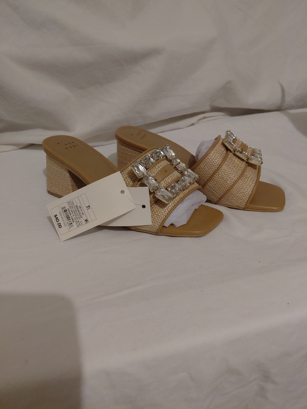 a new day Beige Woven Slide Heels with Rhinestone Buckle